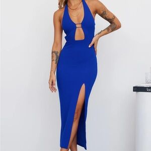 Royal Blue midi halter Dress deep neck